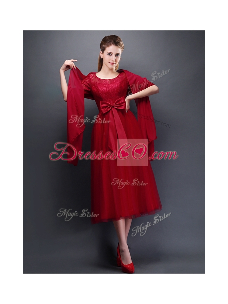 Gorgeous Scoop Half Sleeves Bowknot Bridesmaid Dress in Wine Red