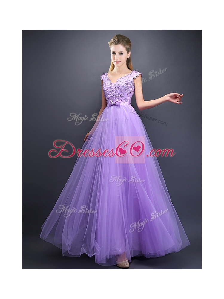 Lovely Beaded and Bowknot V Neck Bridesmaid Dress in Lavender