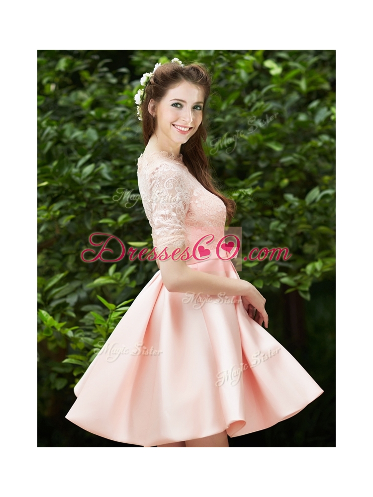 Lovely High Neck Short Sleeves Bridesmaid Dress with Lace and Bowknot