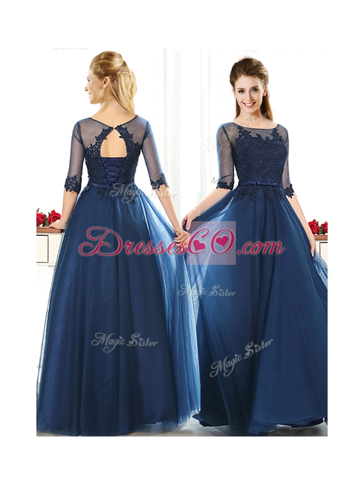 Luxurious See Through Scoop Half Sleeves Bridesmaid Dress with Lace and Belt