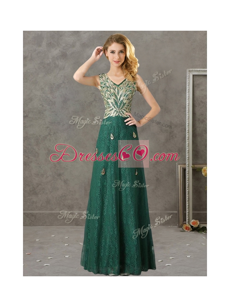 Luxurious V Neck Dark Green Bridesmaid Dress with Appliques and Beading