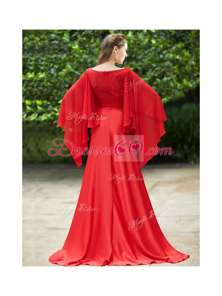 Pretty Bateau Long Sleeves Red Bridesmaid Dress with Beading and High Slit
