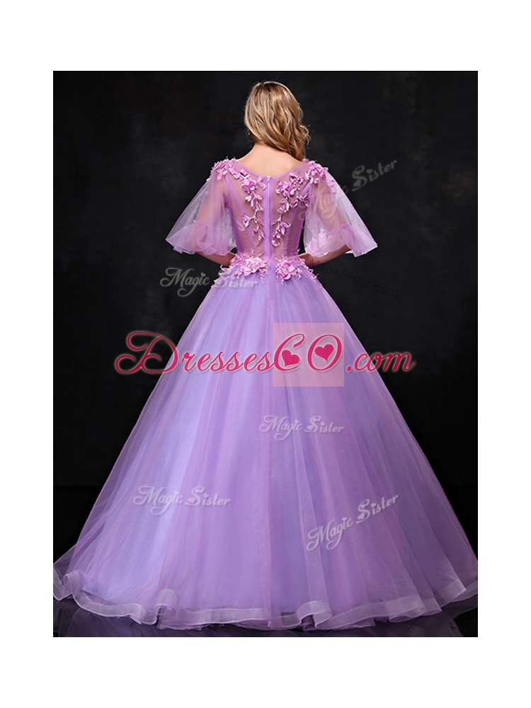 See Through Half Sleeves Bateau Bridesmaid Dress with Hand Made Flowers