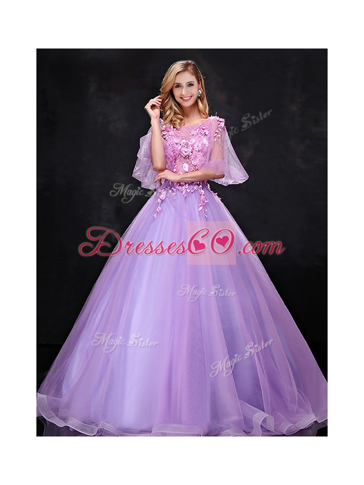 See Through Half Sleeves Bateau Bridesmaid Dress with Hand Made Flowers