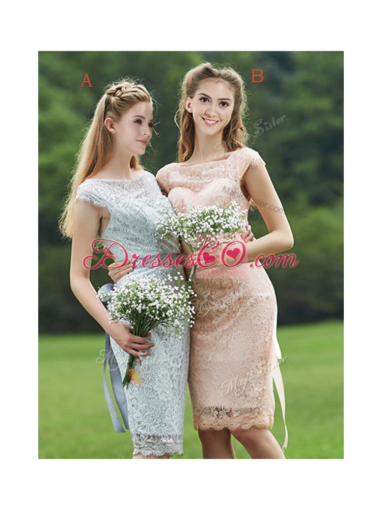 See Through Scoop Cap Sleeves Bridesmaid Dress with Sashes