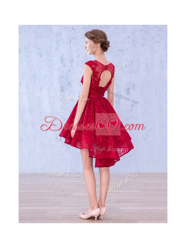 See Through Scoop High Low Wine Red Bridesmaid Dress with Lace