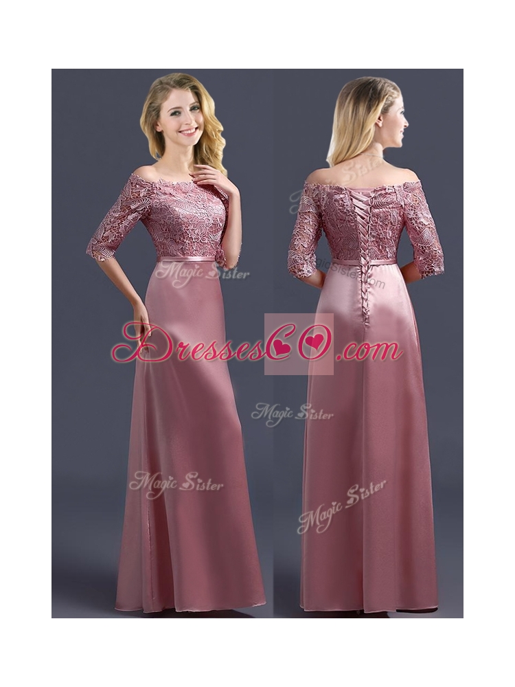 Sweet Off the Shoulder Half Sleeves Bridesmaid Dress with Lace and Belt