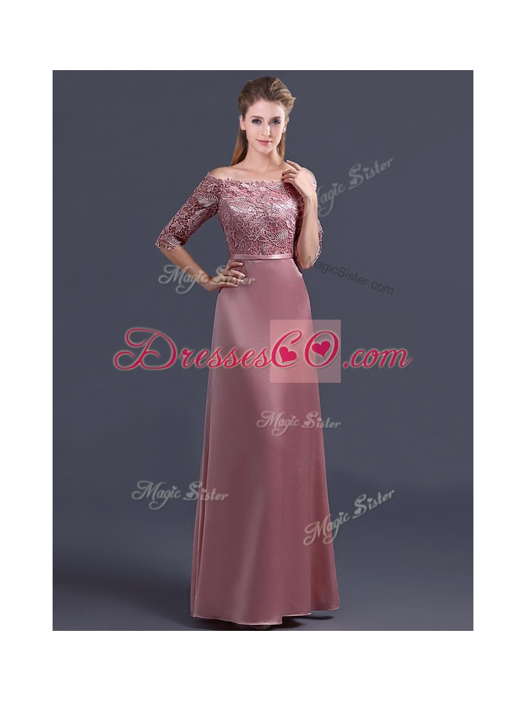 Sweet Off the Shoulder Half Sleeves Bridesmaid Dress with Lace and Belt