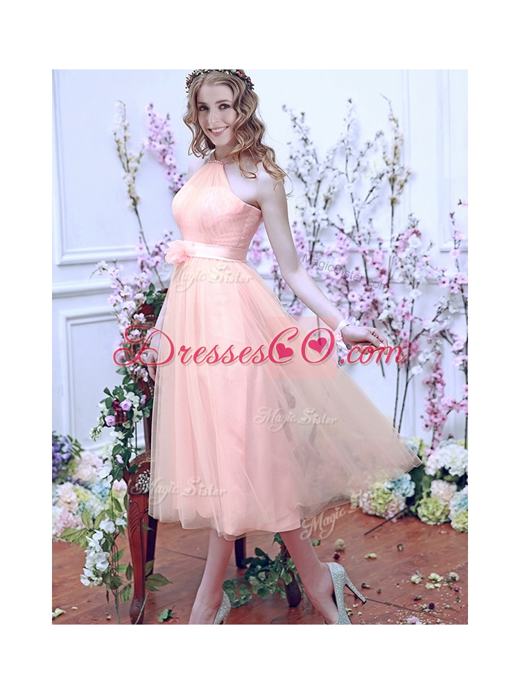 Beautiful Halter Top Baby Pink Bridesmaid Dress with Hand Made Flowers