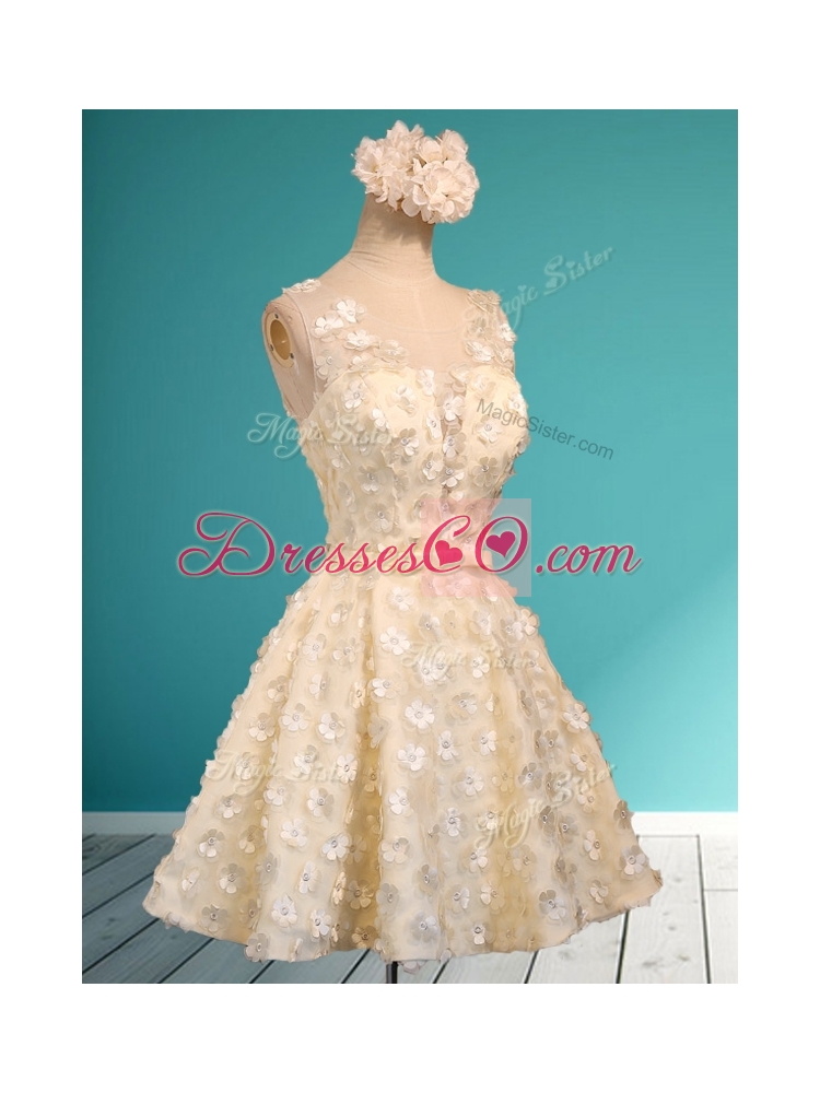 Scoop Champagne Short Bridesmaid Dress with Appliques and Belt