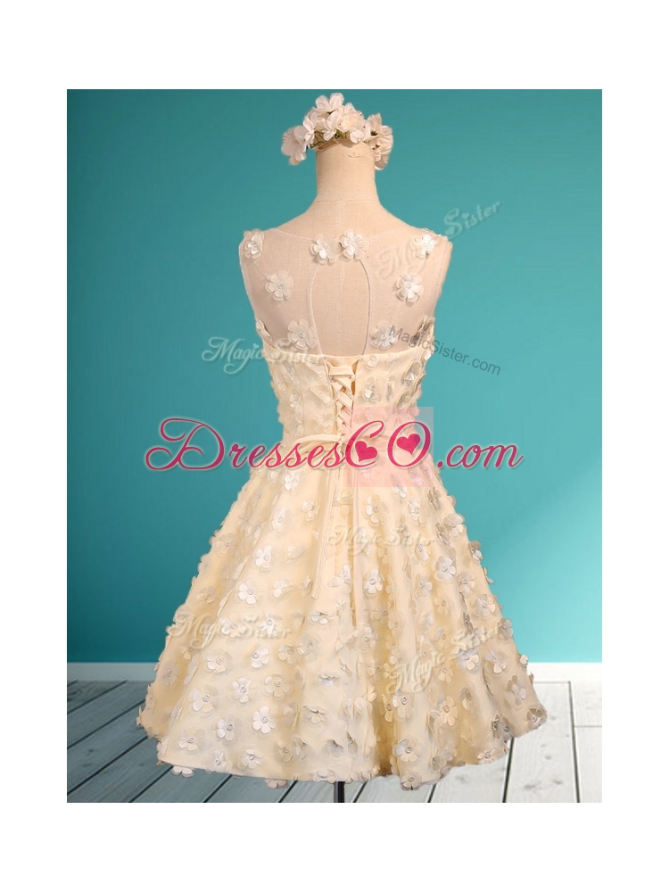 Scoop Champagne Short Bridesmaid Dress with Appliques and Belt