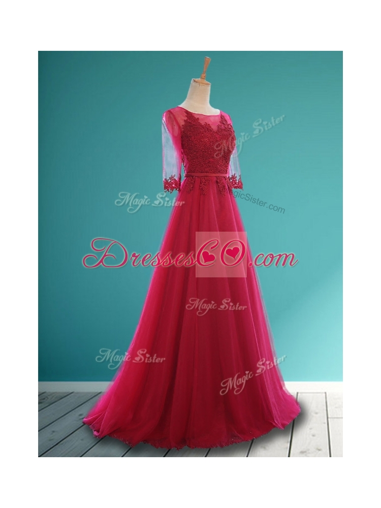 Cheap Scoop Appliques and Belt Bridesmaid Dress in Wine Red