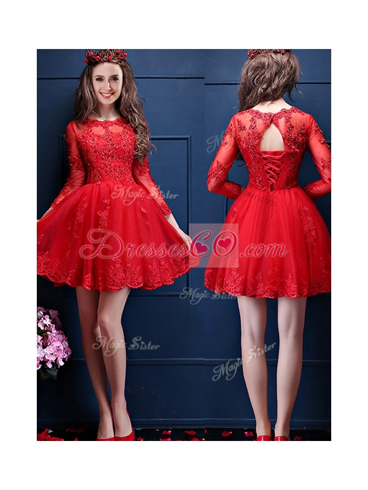 Classical Scoop Three Fourth Length Sleeves Short Bridesmaid Dress with Beading and Lace