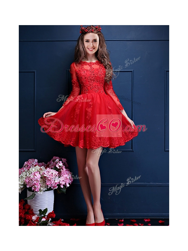 Classical Scoop Three Fourth Length Sleeves Short Bridesmaid Dress with Beading and Lace