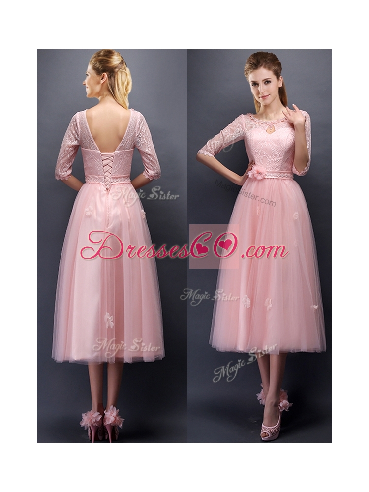 Comfortable Scoop Half Sleeves Bridesmaid Dress with Hand Made Flowers and Appliques