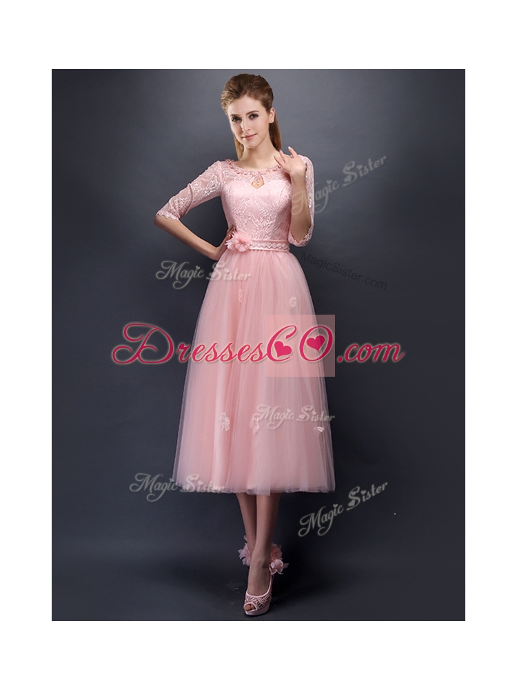 Comfortable Scoop Half Sleeves Bridesmaid Dress with Hand Made Flowers and Appliques