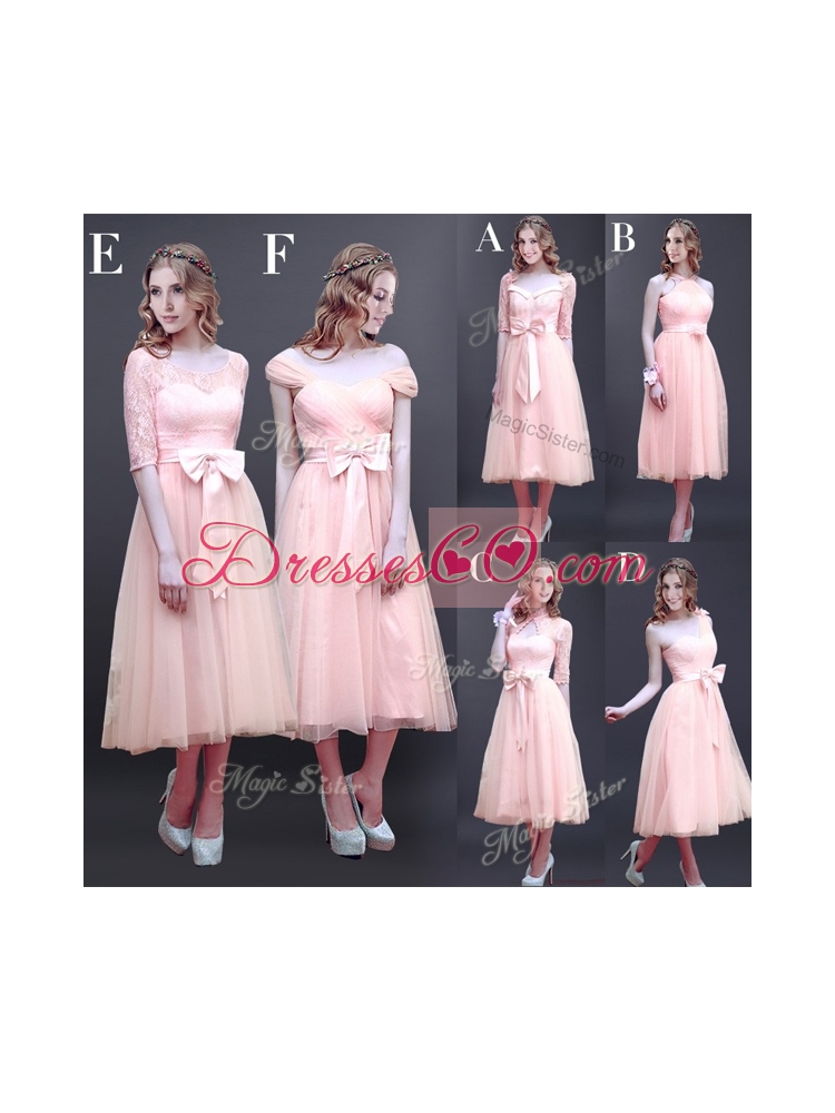 Comfortable Square Half Sleeves Bowknot Bridesmaid Dress in Baby Pink