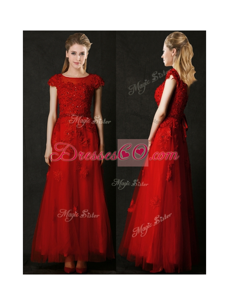 Elegant Empire Applique Red Bridesmaid Dress with Cap Sleeves