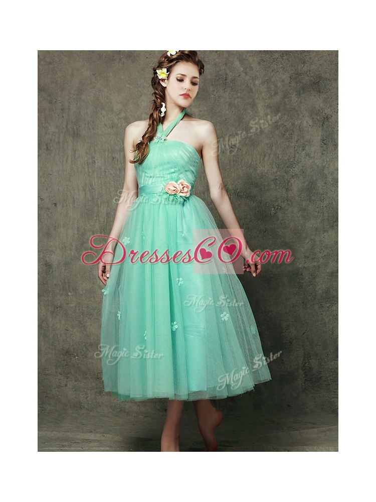 Exclusive Hand Made Flowers Ankle Length Bridesmaid Dress in Apple Green