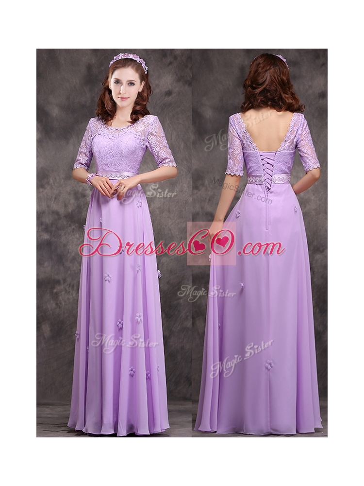 Exclusive Scoop Half Sleeves Lavender Bridesmaid Dress with Appliques and Lace
