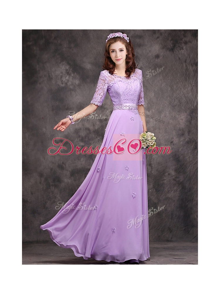 Exclusive Scoop Half Sleeves Lavender Bridesmaid Dress with Appliques and Lace