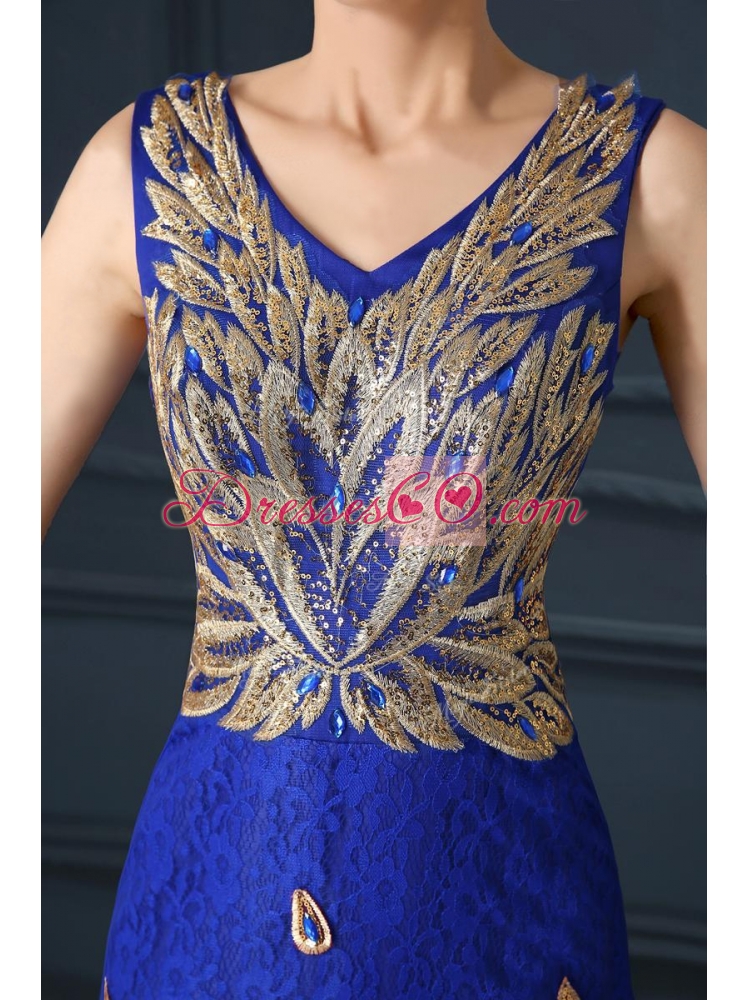 Gorgeous V Neck Appliques and Beading Bridesmaid Dress in Royal Blue