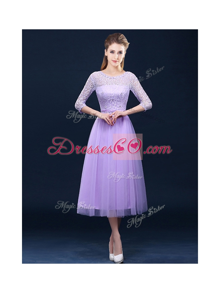 Latest Half Sleeves Tea Length Laced Bridesmaid Dress in Lavender