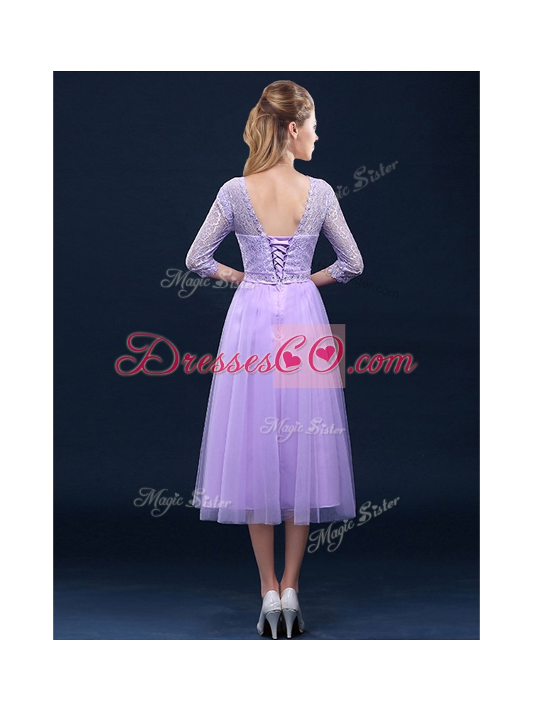 Latest Half Sleeves Tea Length Laced Bridesmaid Dress in Lavender