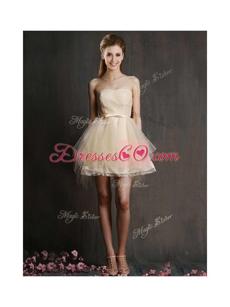 Lovely Short Champagne Bridesmaid Dress with Belt and Ruffles