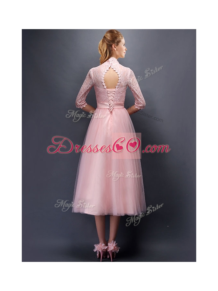 Luxurious Laced High Neck Half Sleeves Bridesmaid Dress with Bowknot