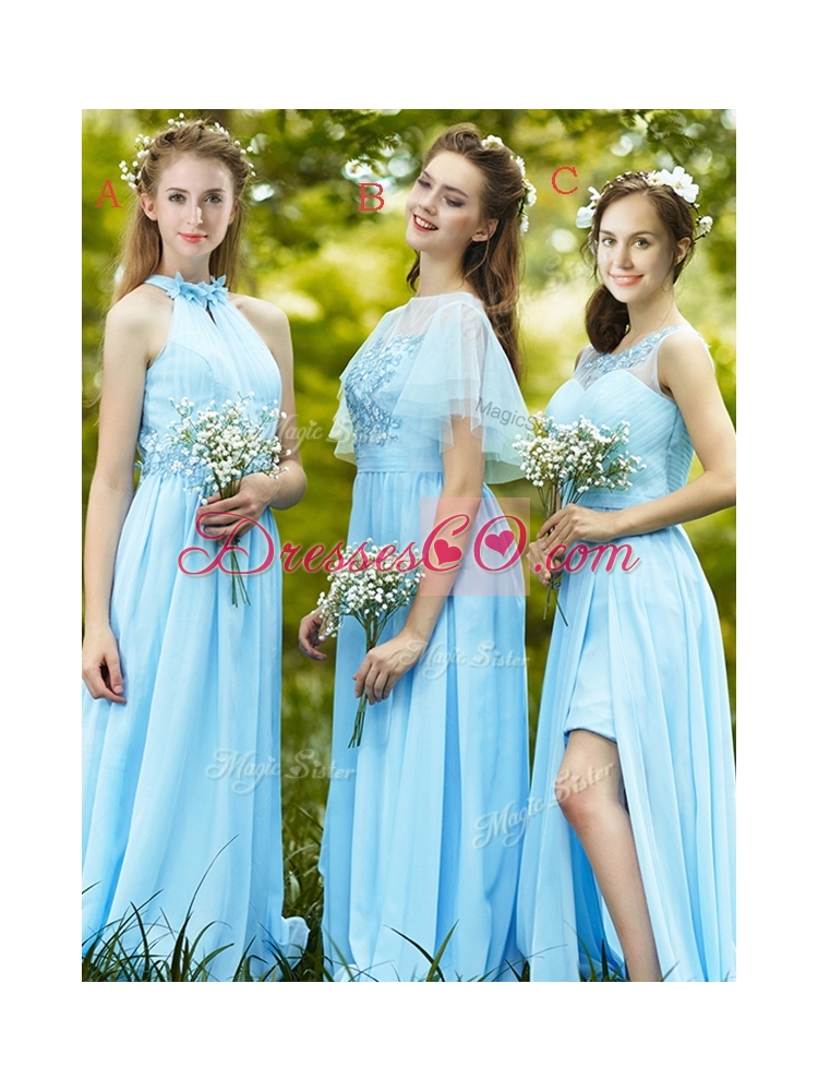 Modest Light Blue Empire Long Bridesmaid Dress with Appliques