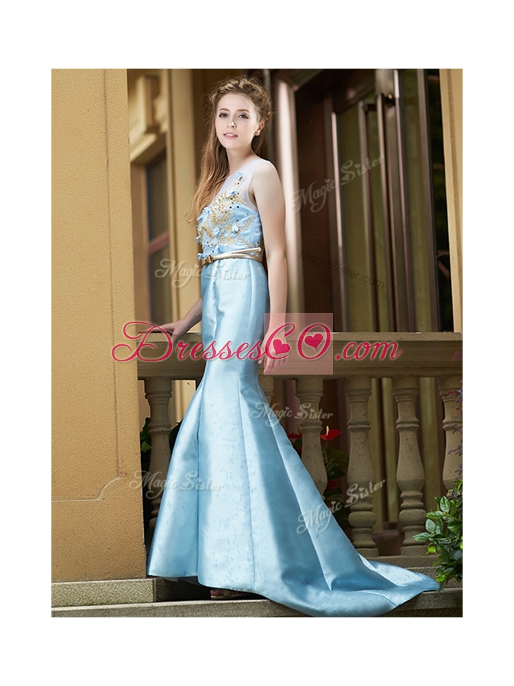 Modest Mermaid Applique Brush Train Bridesmaid Dress in Light Blue