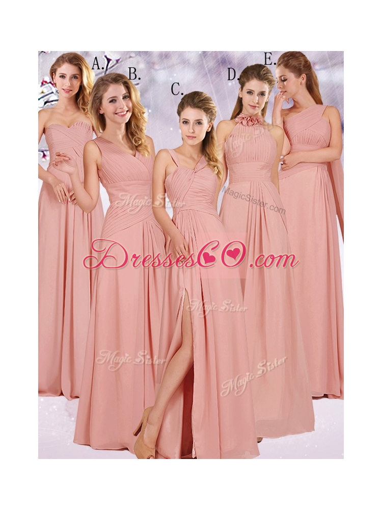 Modest Ruched Decorated Bodice Peach Bridesmaid Dress with V Neck
