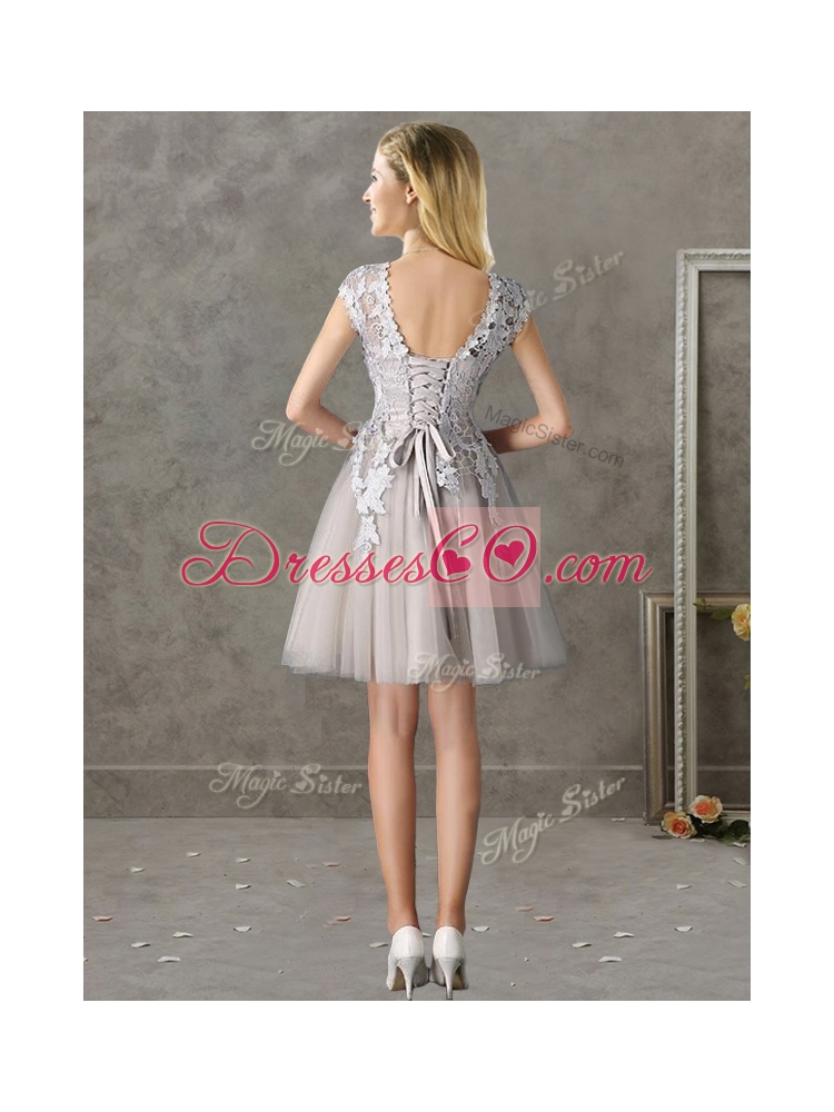 Most Popular Bateau Cap Sleeves Grey Bridesmaid Dress with Lace