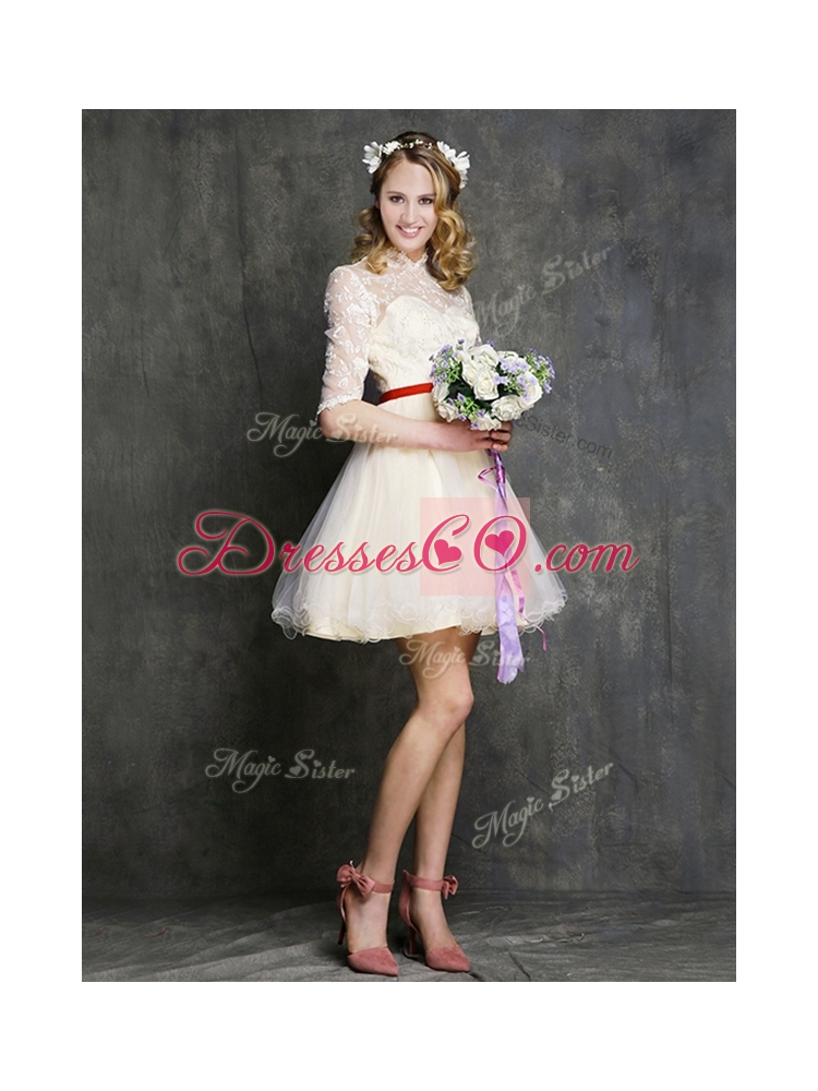 Most Popular Champagne Mini Length Bridesmaid Dress with Belt
