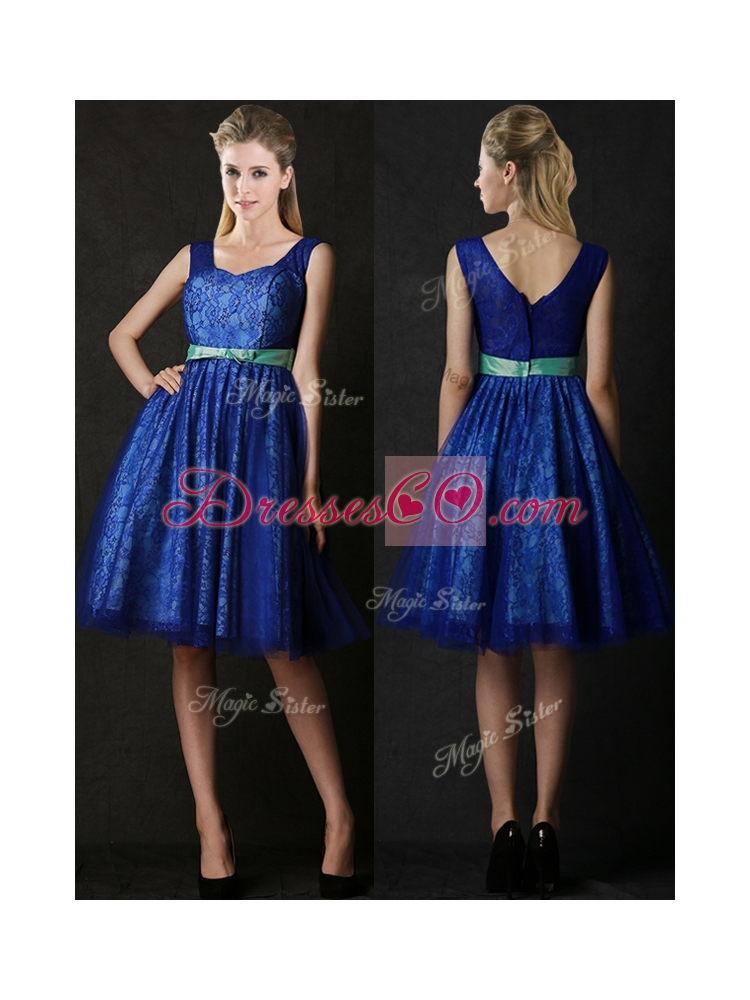 New Arrivals Belted and Laced Blue Bridesmaid Dress in Knee Length