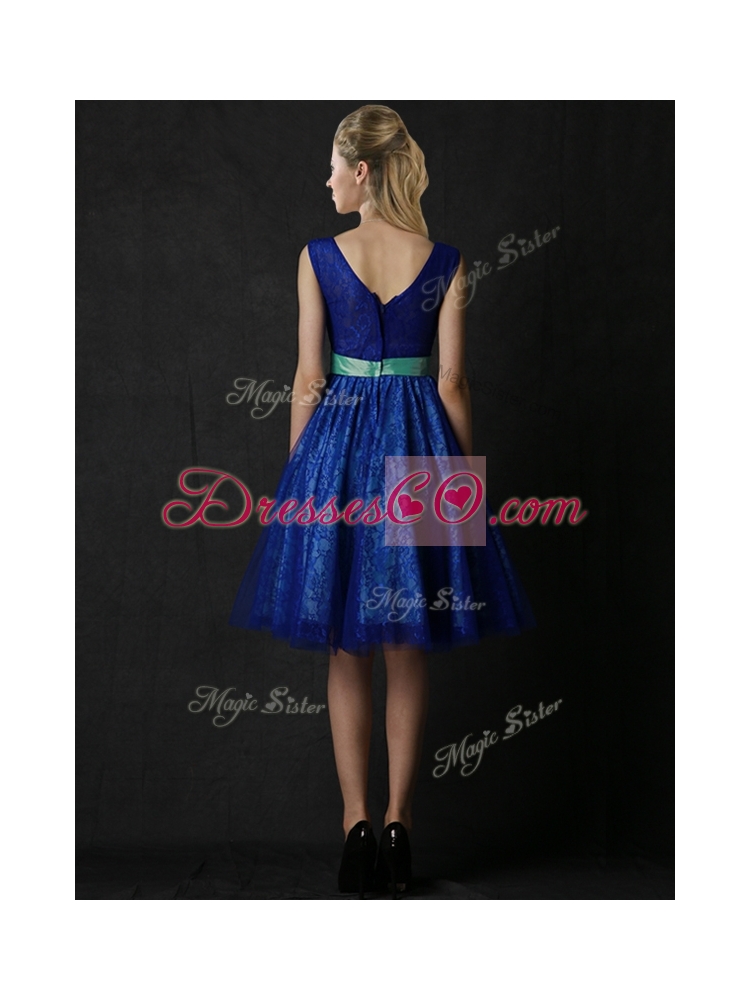 New Arrivals Belted and Laced Blue Bridesmaid Dress in Knee Length