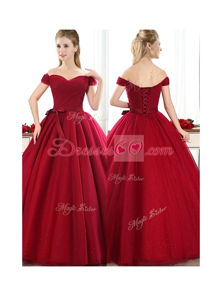New Arrivals Off the Shoulder Wine Red Bridesmaid Dress with Bowknot