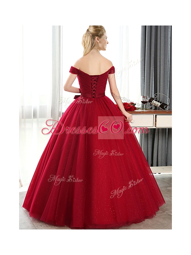 New Arrivals Off the Shoulder Wine Red Bridesmaid Dress with Bowknot