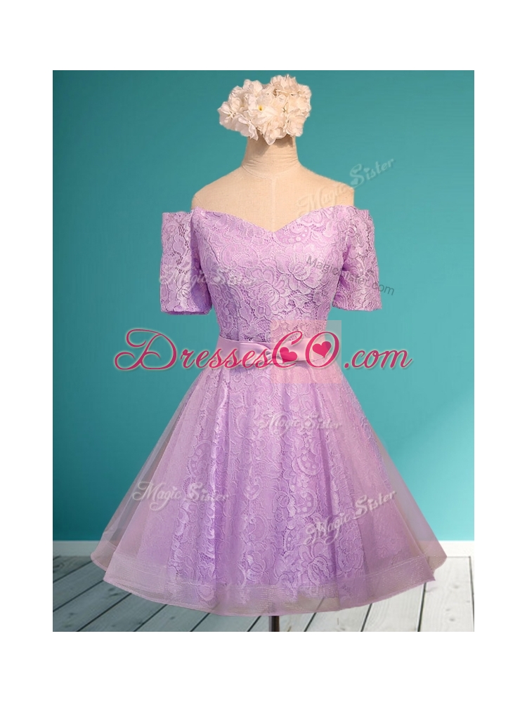 New Style Off the Shoulder Short Sleeves Bridesmaid Dress with Bowknot