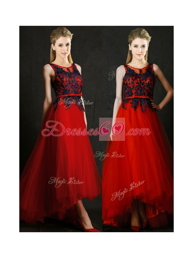 Perfect High Low Belted and Black Applique Bridesmaid Dress in Red