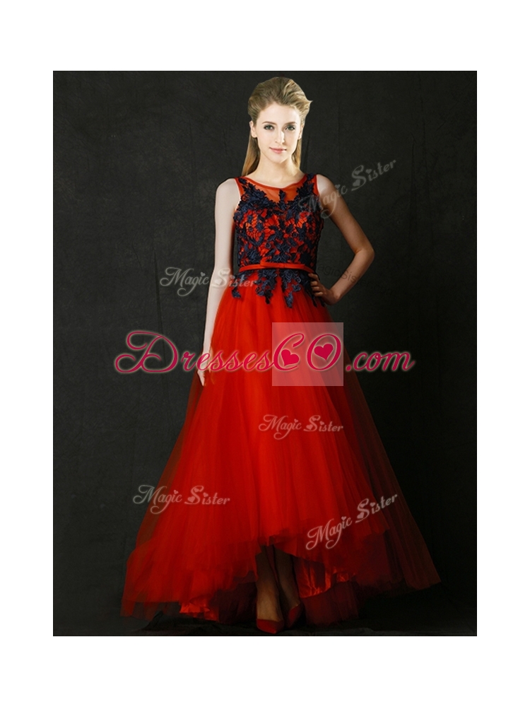 Perfect High Low Belted and Black Applique Bridesmaid Dress in Red
