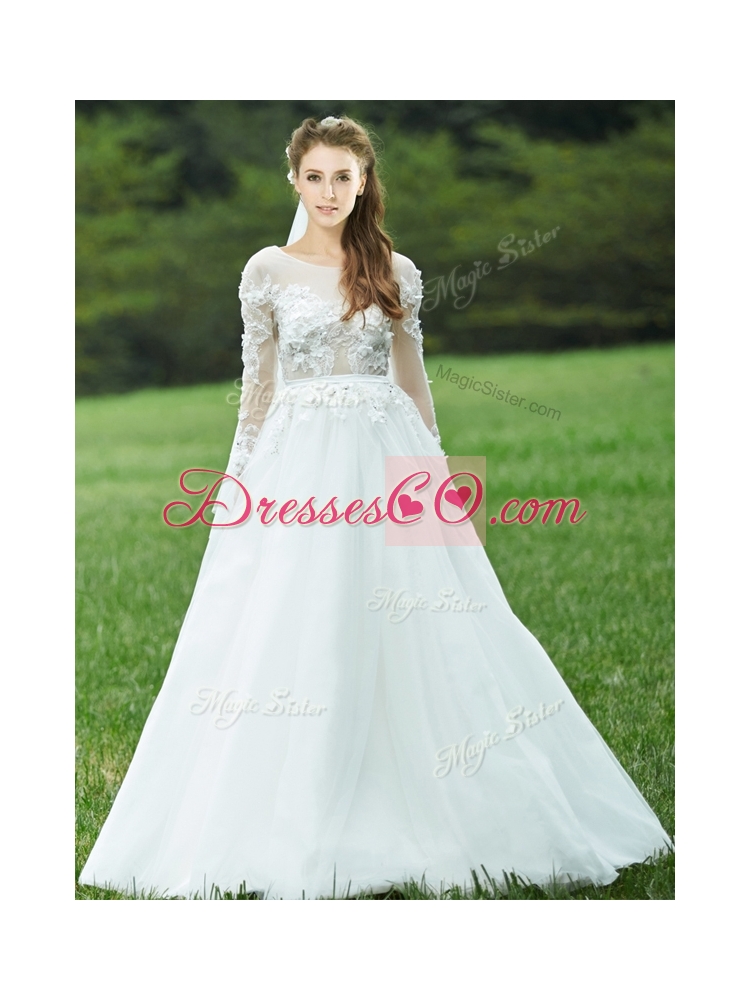 Pretty Applique White Backless Bridesmaid Dress with Long Sleeves