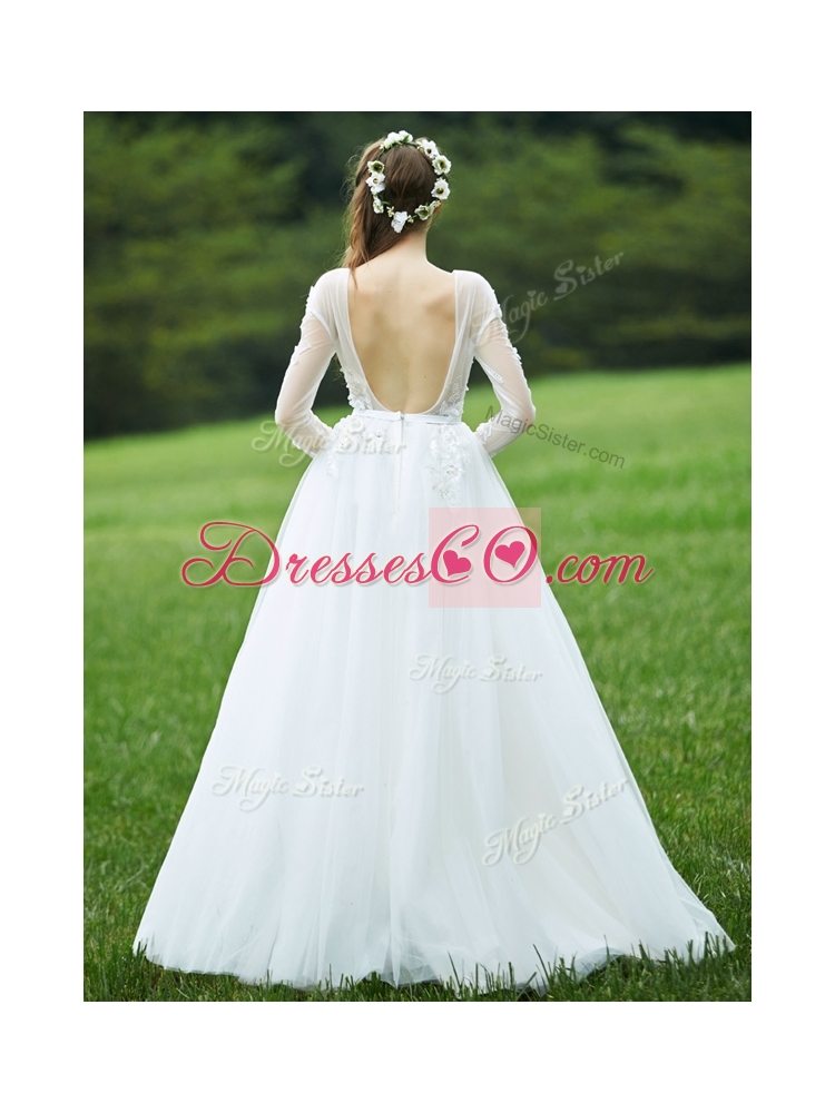 Pretty Applique White Backless Bridesmaid Dress with Long Sleeves