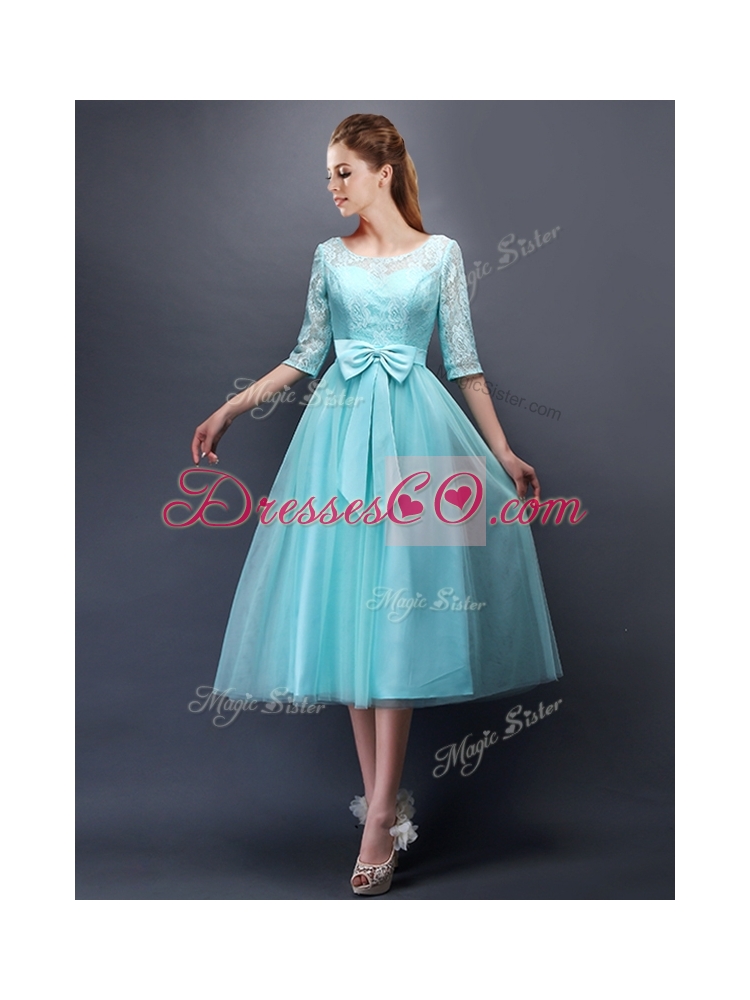 Romantic Aqua Blue Scoop Half Sleeves Bridesmaid Dress with Bowknot