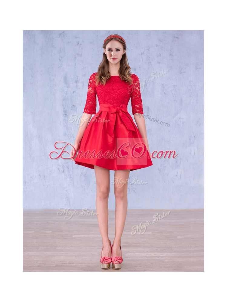 Romantic Bowknot and Laced Scoop Half Sleeves Bridesmaid Dress in Red