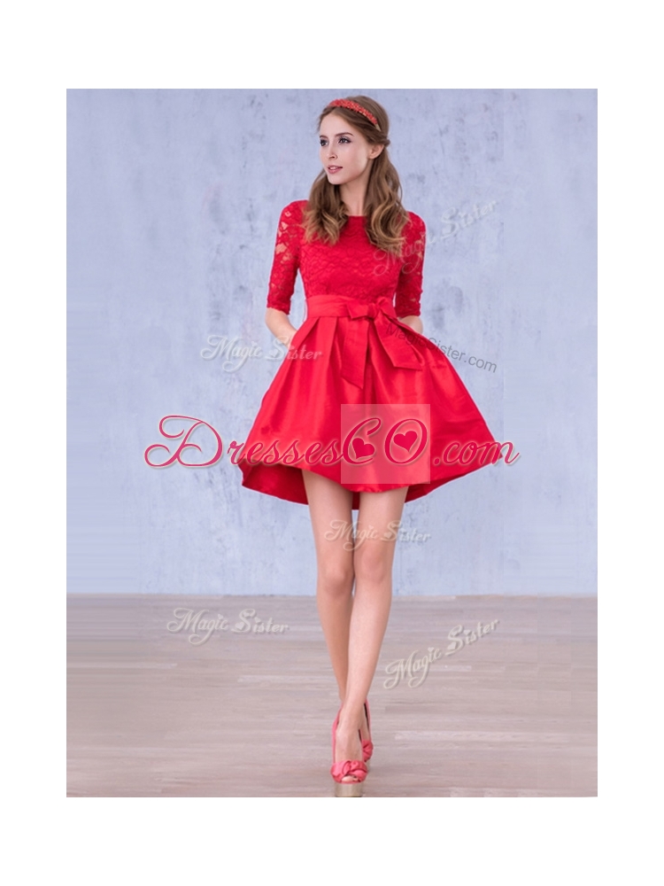 Romantic Bowknot and Laced Scoop Half Sleeves Bridesmaid Dress in Red