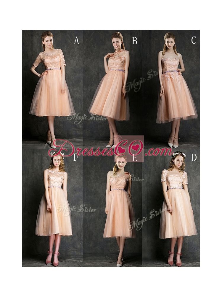 Romantic Laced and Sashed Scoop Bridesmaid Dress in Peach