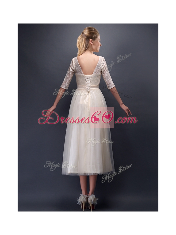 See Through Scoop Half Sleeves Champagne Bridesmaid Dress with Bowknot