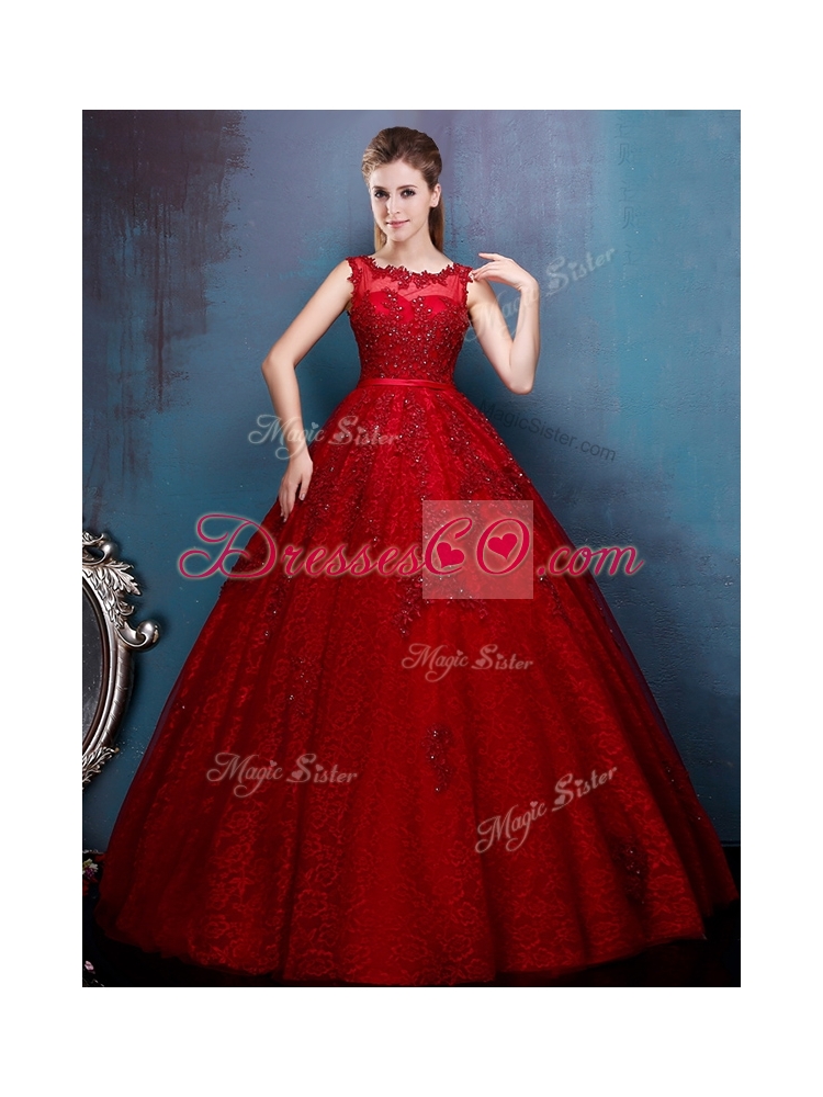 See Through Scoop Wine Red Bridesmaid Dress with Beading and Appliques